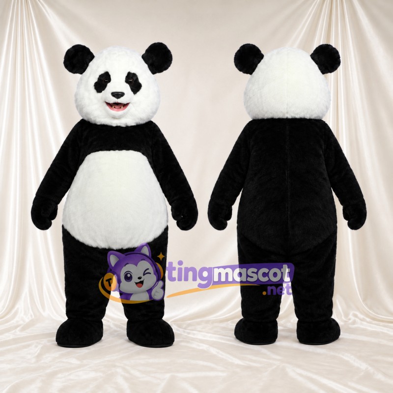 Costume de mascotte Panda – noir / blanc – Bouche ouverte; Oreilles