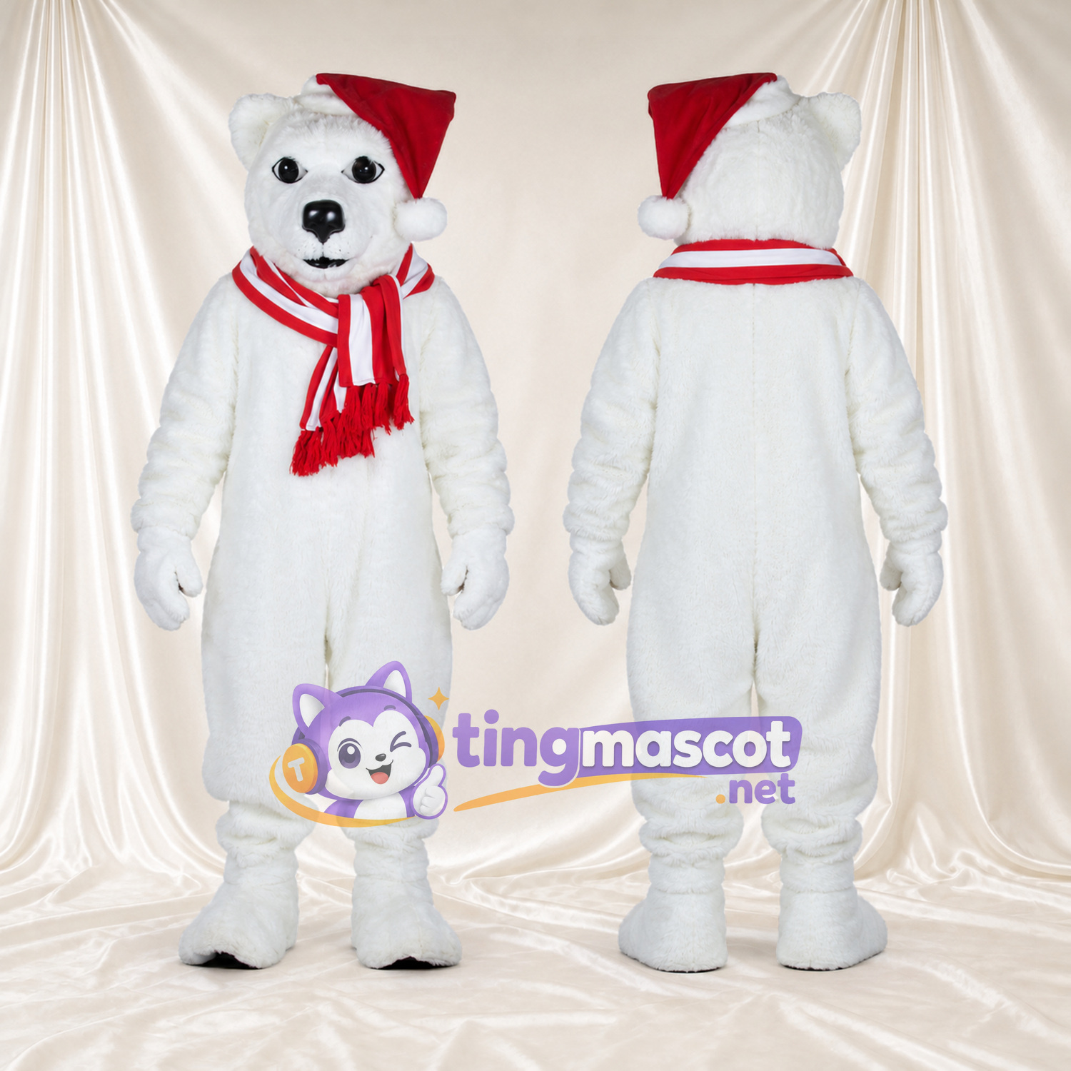 White Polar Bear Mascot Costume - Santa Hat and Red Scarf, Black Paw Pads and Striped Scarf White Polar Bear Mascot Costume - Santa Hat and Red Scarf, Black Paw Pads and Striped Scarf
