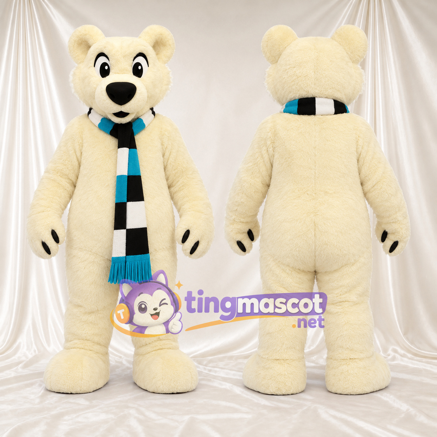 Maskottchenkostüm Eisbär – creme – Schal (blau / schwarz) Maskottchenkostüm Eisbär – creme – Schal (blau / schwarz)