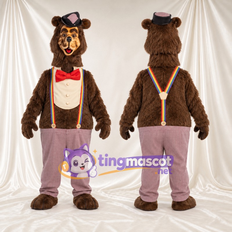 Brown Bear Mascot Costume - Top Hat and Suspenders