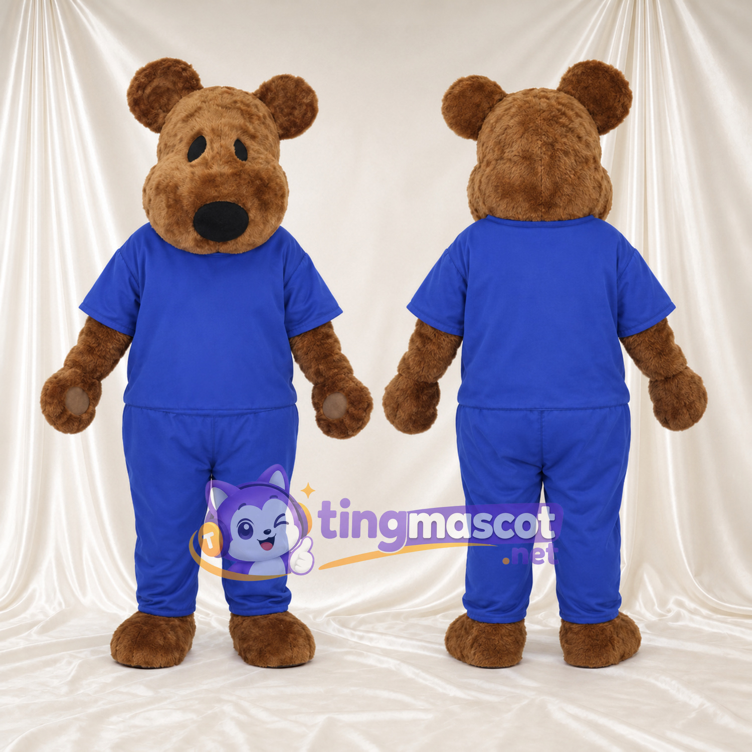 Maskottchenkostüm Bär – braun – Outfit (blau) Maskottchenkostüm Bär – braun – Outfit (blau)