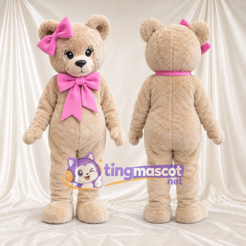 Maskottchenkostüm Bär – hellbraun – Schleifen (rosa)