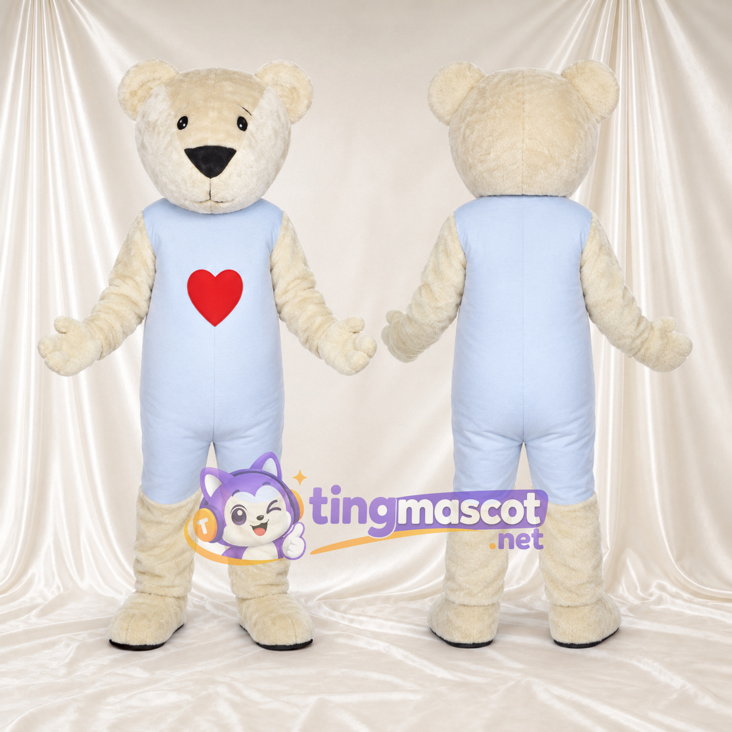 Maskottchenkostüm Bär – creme – Latzhose (blau) Maskottchenkostüm Bär – creme – Latzhose (blau)