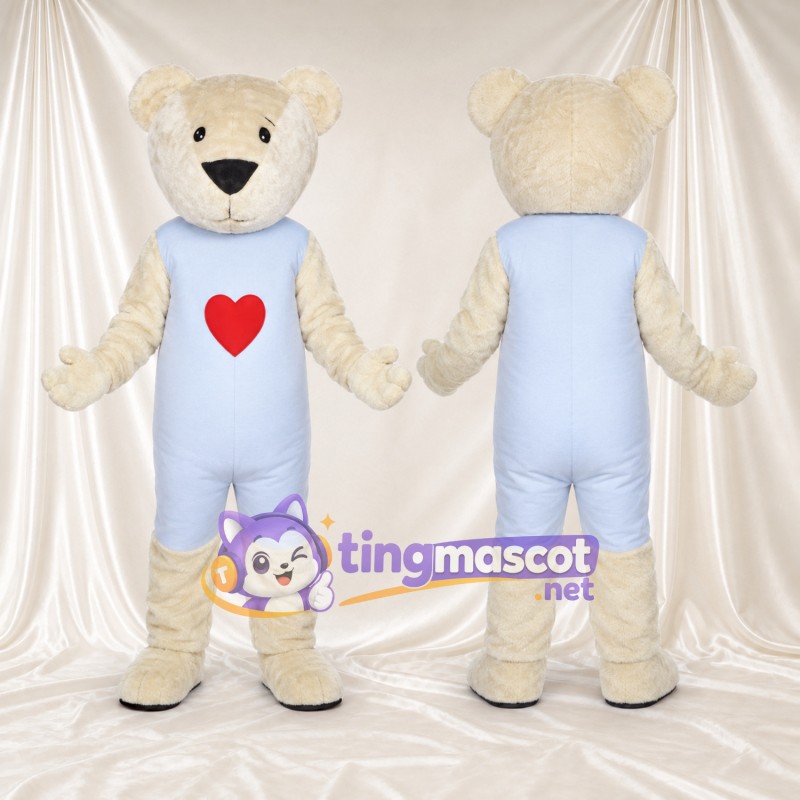 Maskottchenkostüm Bär – creme – Latzhose (blau)