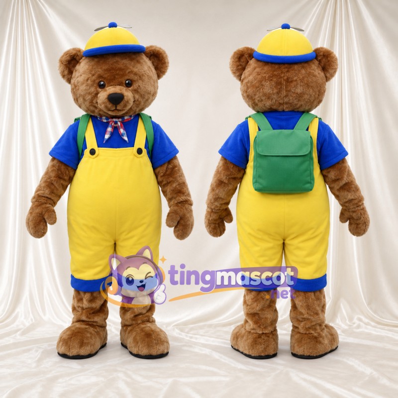 Maskottchenkostüm Bär – braun – Latzhose (gelb); Rucksack