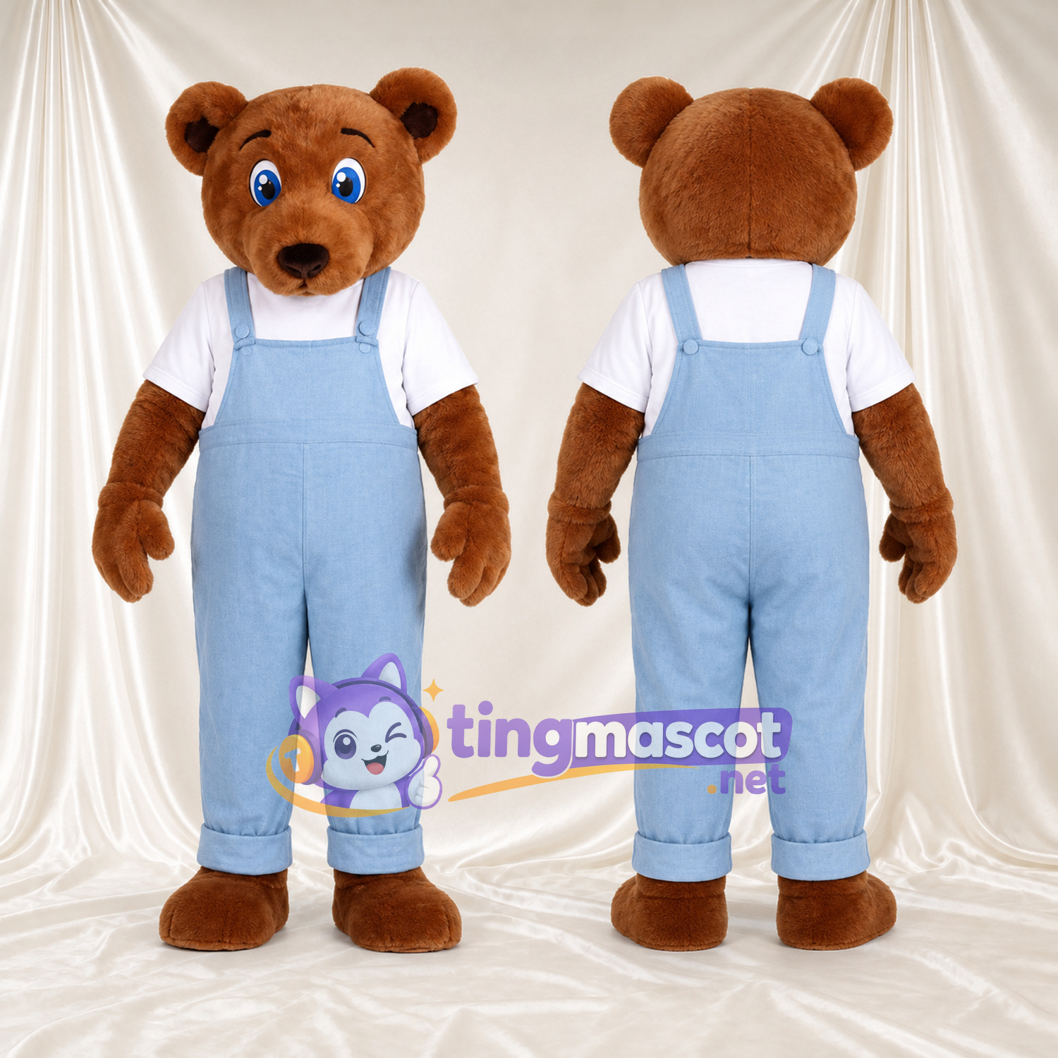 Maskottchenkostüm Bär – braun – Latzhose (blau) Maskottchenkostüm Bär – braun – Latzhose (blau)