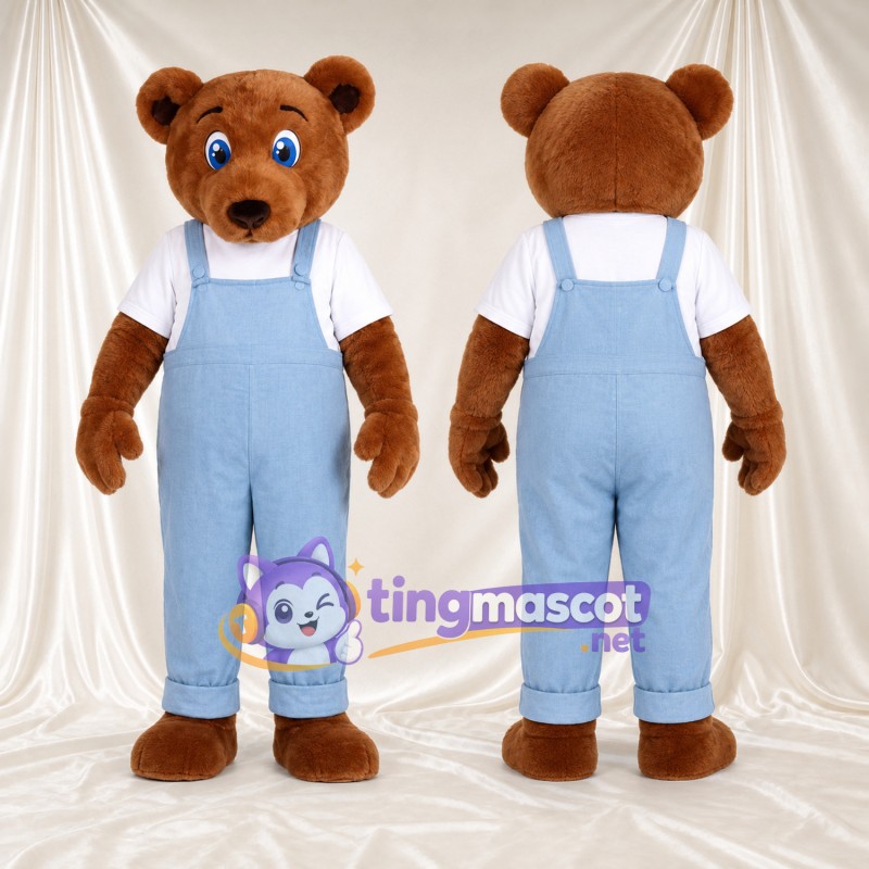 Maskottchenkostüm Bär – braun – Latzhose (blau)