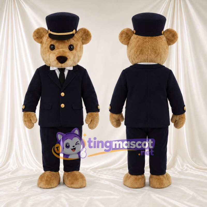 Maskottchenkostüm Bär – braun – Anzug (schwarz); Zylinder