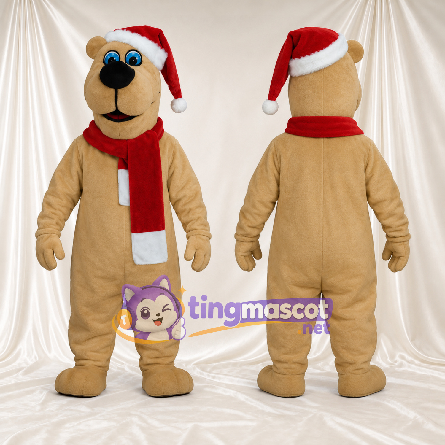 Tan Bear Mascot Costume - Santa Hat and Red Scarf