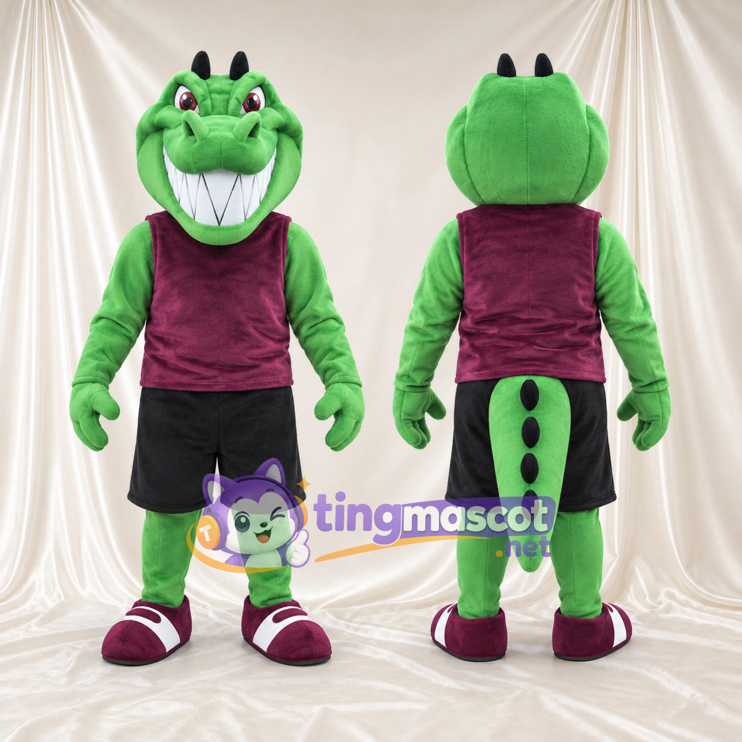 Costume de mascotte Crocodile – vert – Débardeur (bordeaux); Short (noir) Costume de mascotte Crocodile – vert – Débardeur (bordeaux); Short (noir)