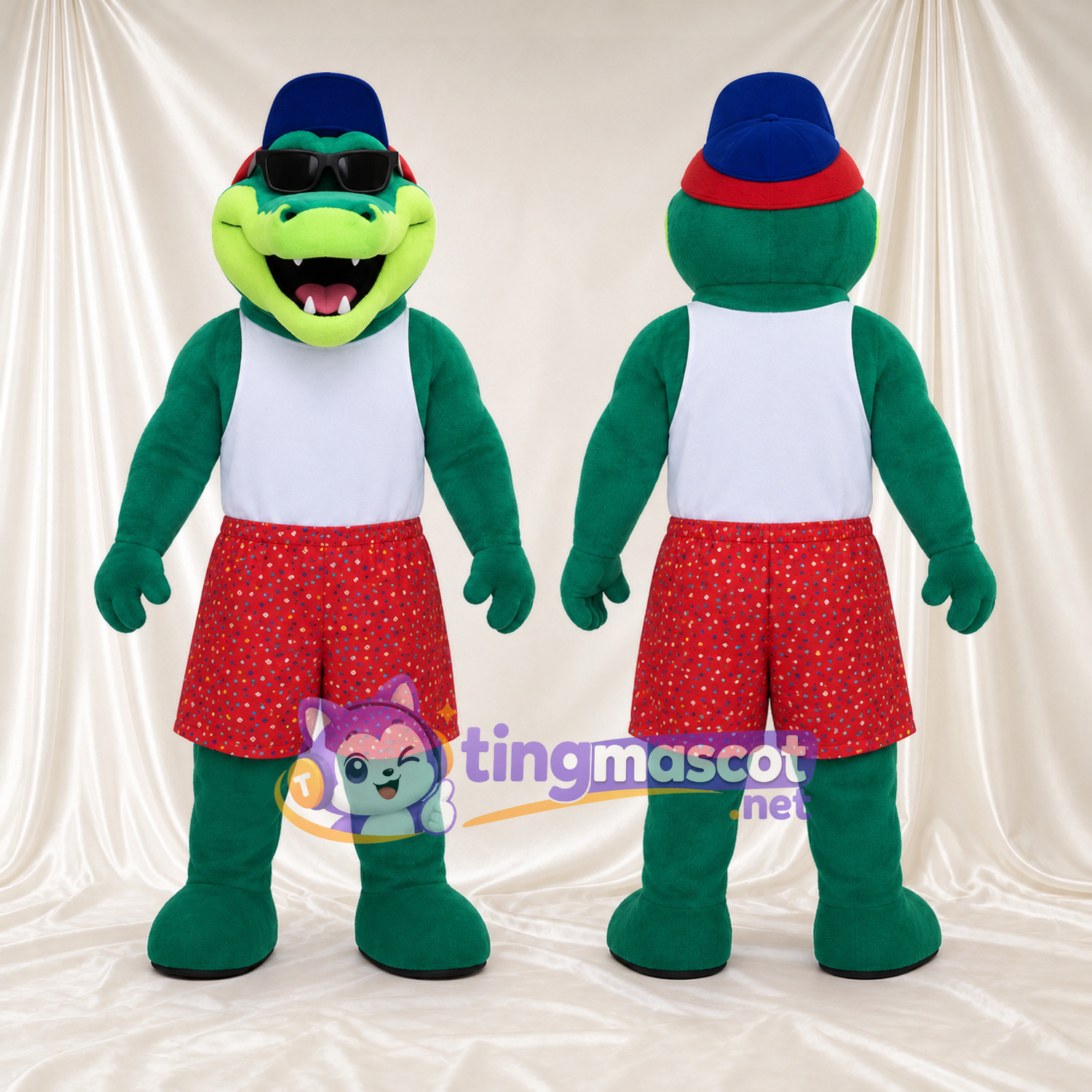 Costume de mascotte Crocodile – vert – Short (rouge); Chapeau (bleu) Costume de mascotte Crocodile – vert – Short (rouge); Chapeau (bleu)