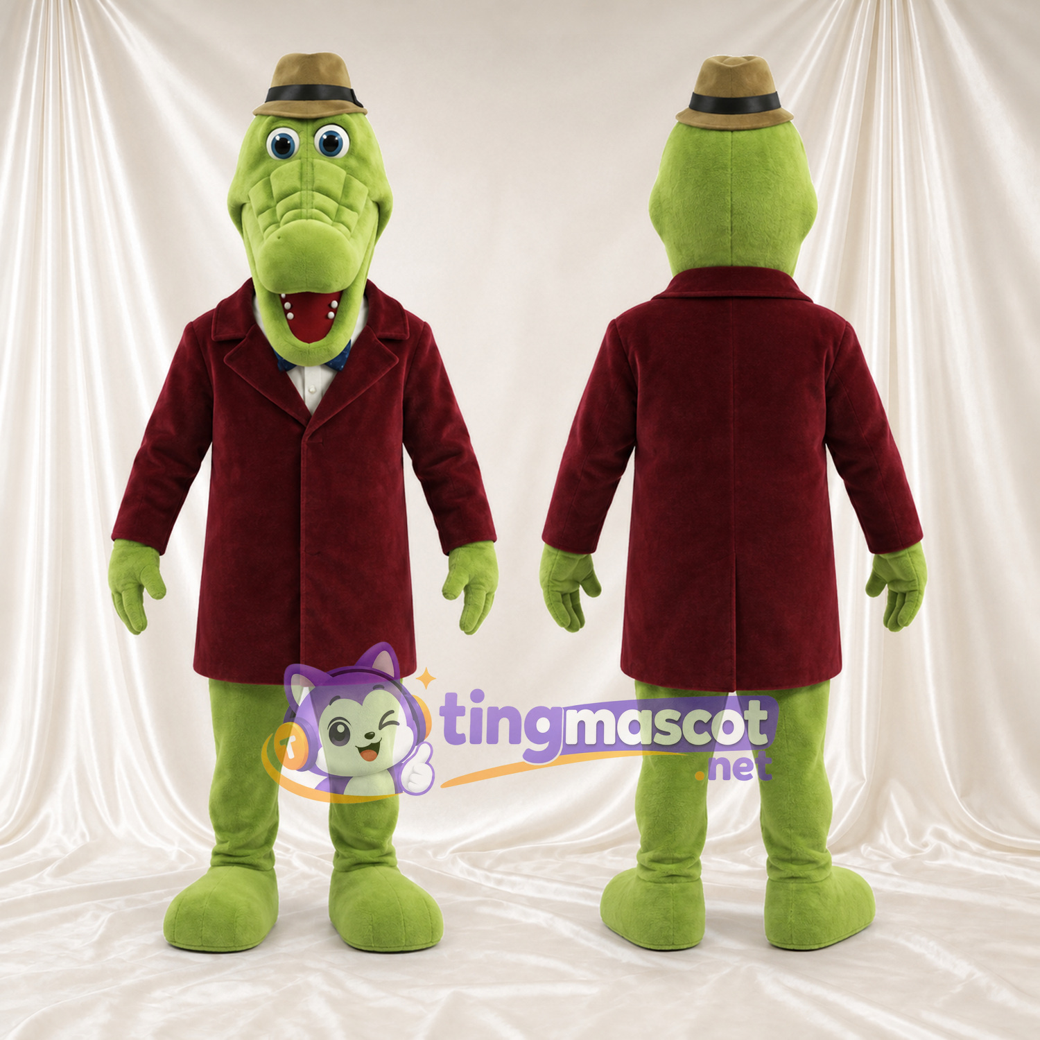 Costume de mascotte Crocodile – vert – Manteau (bordeaux); Chapeau Costume de mascotte Crocodile – vert – Manteau (bordeaux); Chapeau