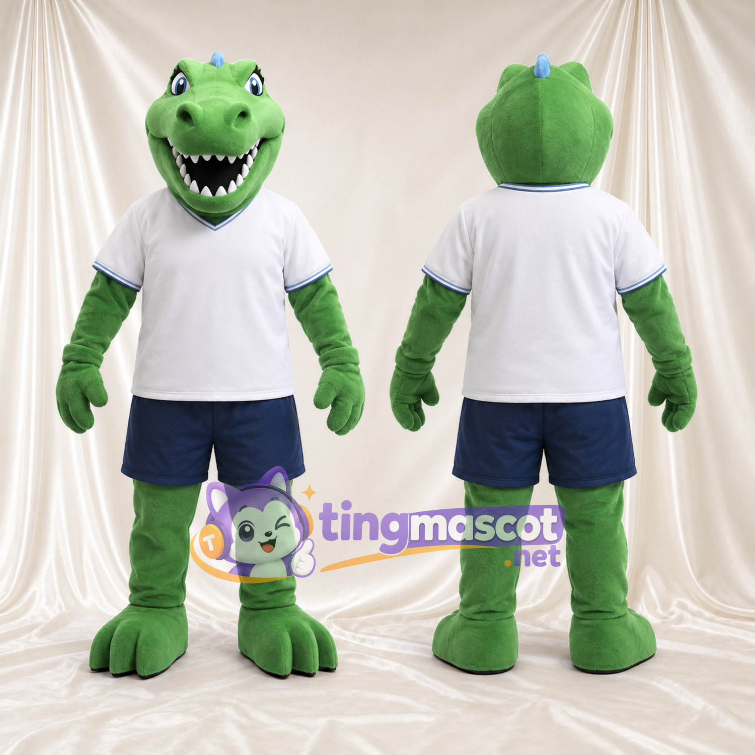 Costume de mascotte Crocodile – vert – Chemise (blanc); Short (bleu) Costume de mascotte Crocodile – vert – Chemise (blanc); Short (bleu)