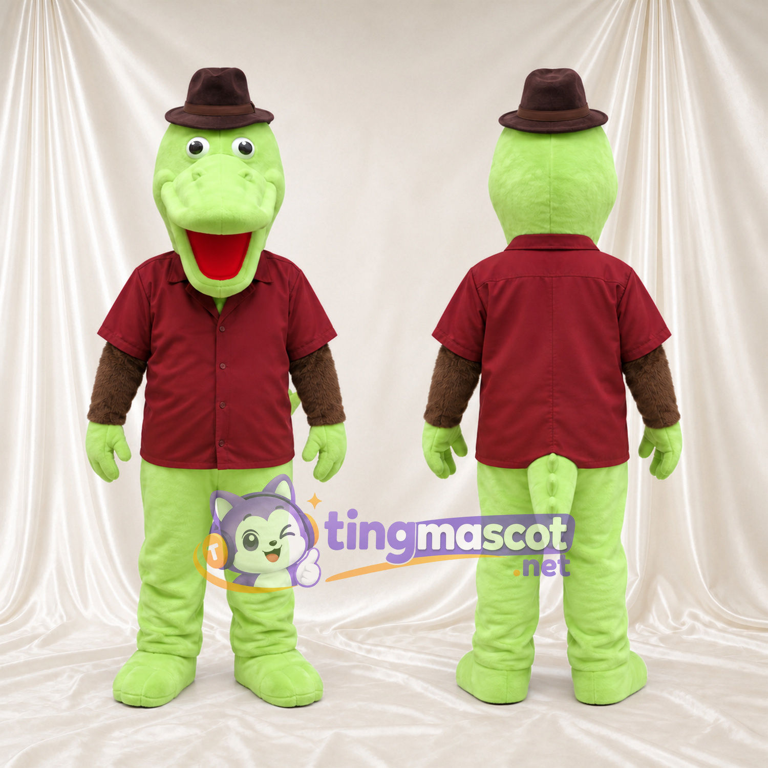 Costume de mascotte Crocodile – vert – Chemise (bordeaux); Chapeau (marron) Costume de mascotte Crocodile – vert – Chemise (bordeaux); Chapeau (marron)