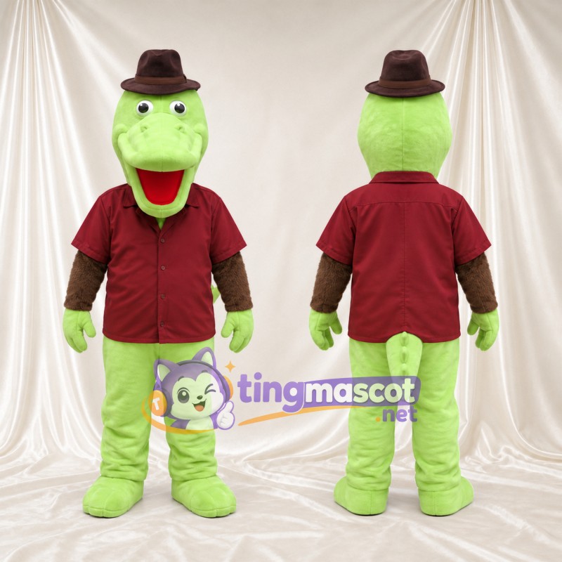 Costume de mascotte Crocodile – vert – Chemise (bordeaux); Chapeau (marron)