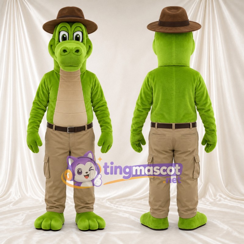 Green Crocodile Mascot Costume - Brown Hat and Tan Pants