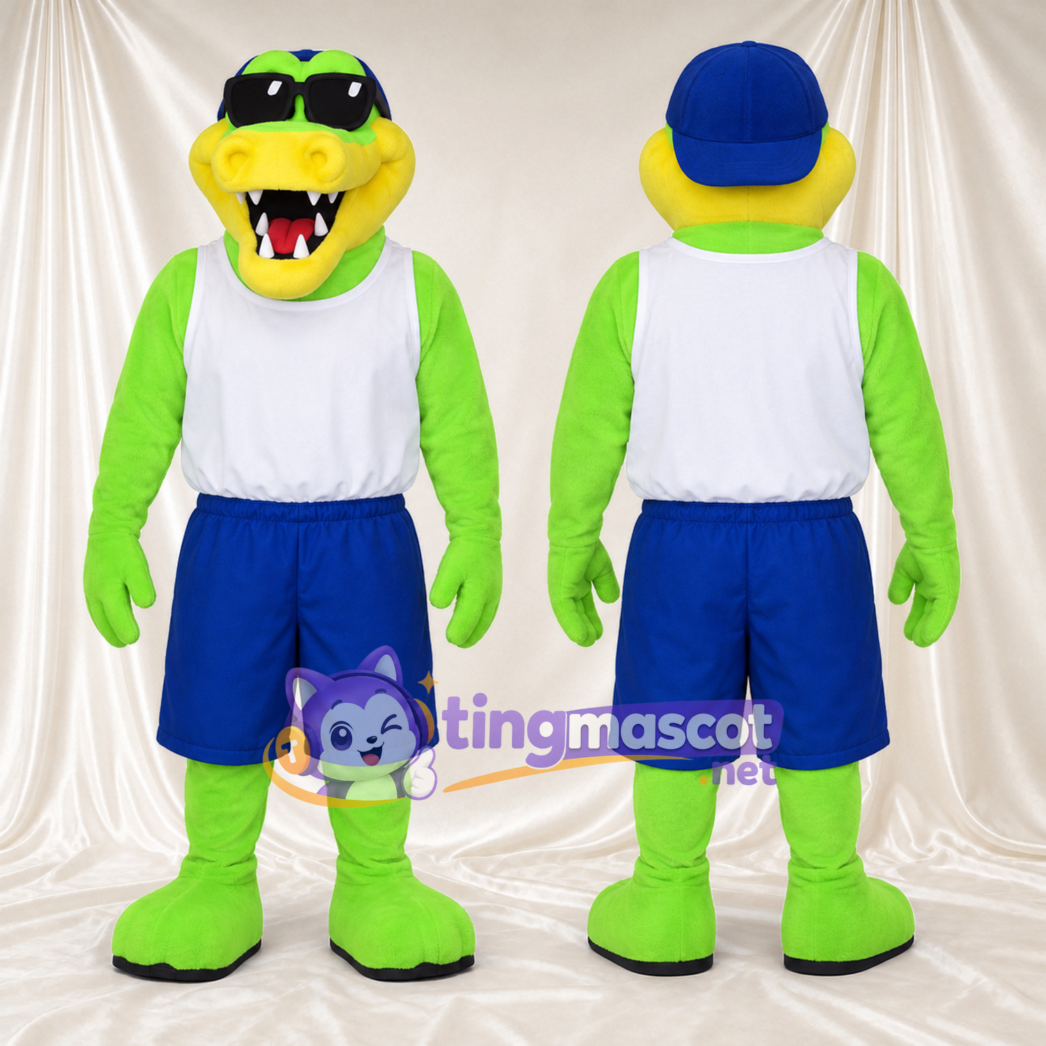Costume de mascotte Crocodile – vert – Débardeur (blanc); Short (bleu) Costume de mascotte Crocodile – vert – Débardeur (blanc); Short (bleu)