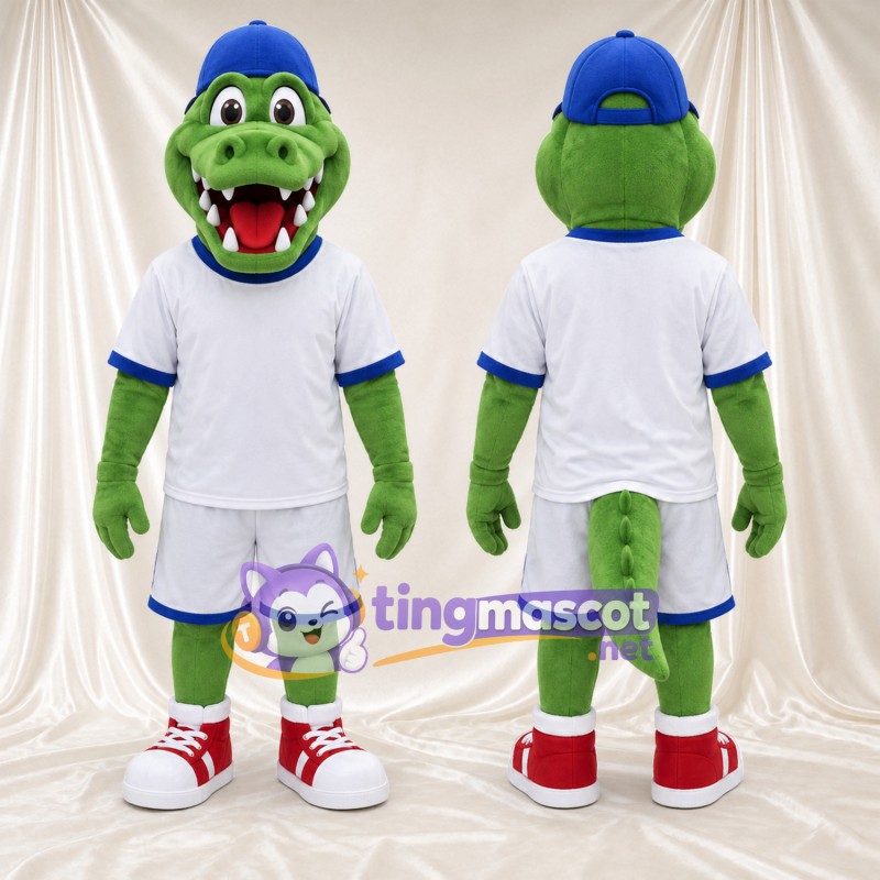 Costume de mascotte Crocodile – vert – Tenue de sport (blanc); Casquette (bleu)