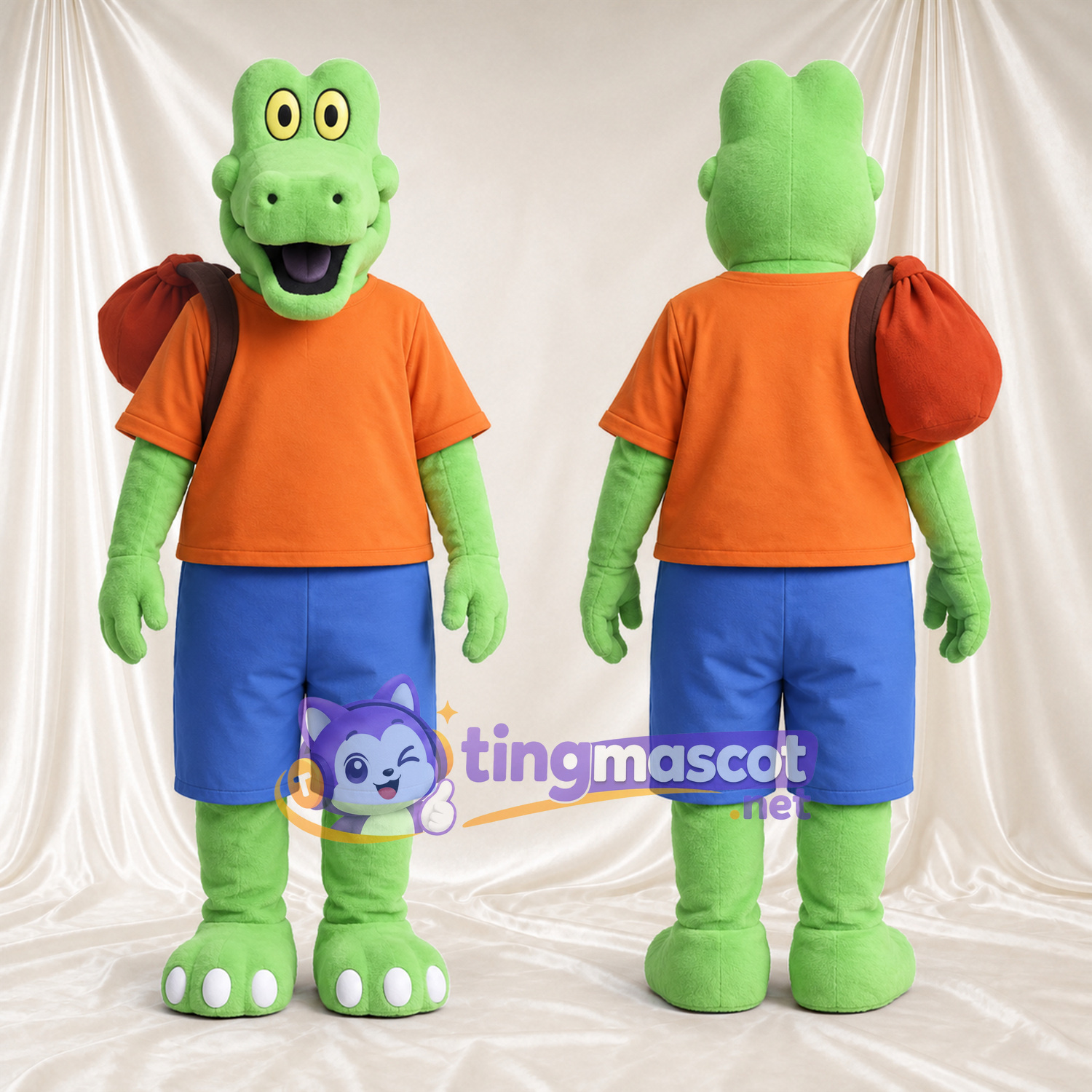 Costume de mascotte Crocodile – vert – Chemise (orange); Short (bleu) Costume de mascotte Crocodile – vert – Chemise (orange); Short (bleu)