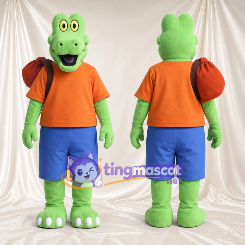 Costume de mascotte Crocodile – vert – Chemise (orange); Short (bleu)