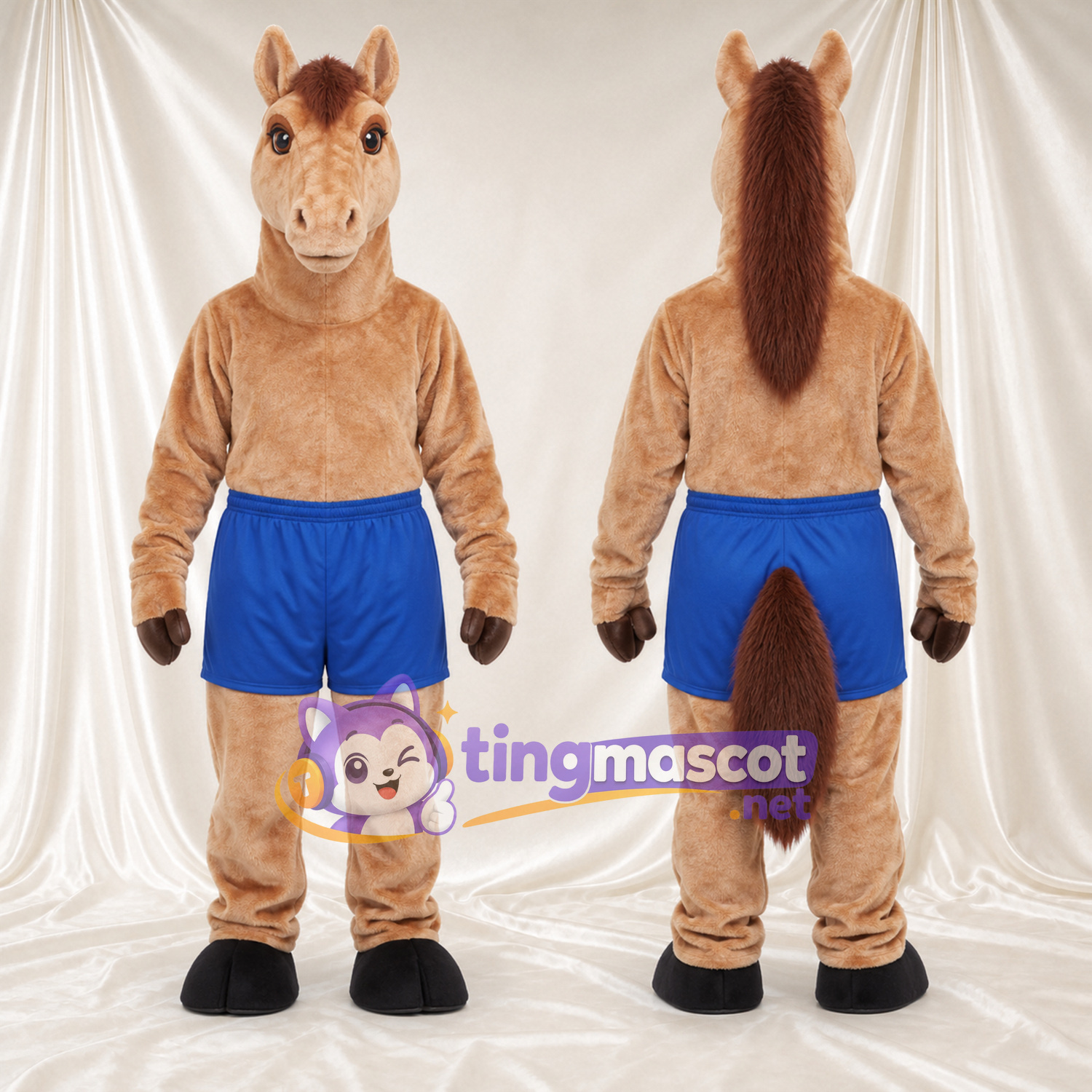 Costume de mascotte Cheval – brun clair – Short (bleu) Costume de mascotte Cheval – brun clair – Short (bleu)
