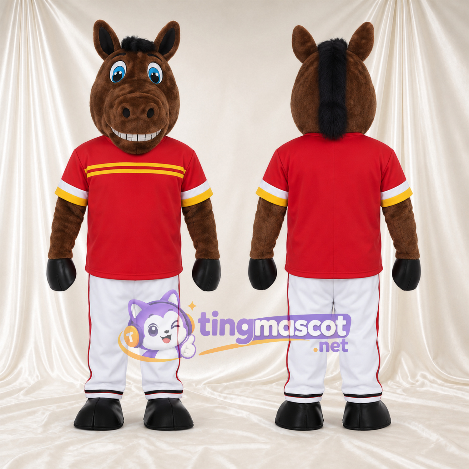 Brown Horse Mascot Costume - Red Jersey and White Pants Brown Horse Mascot Costume - Red Jersey and White Pants