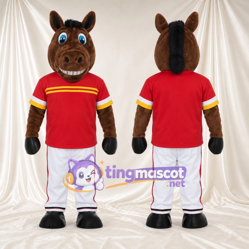 Brown Horse Mascot Costume - Red Jersey and White Pants