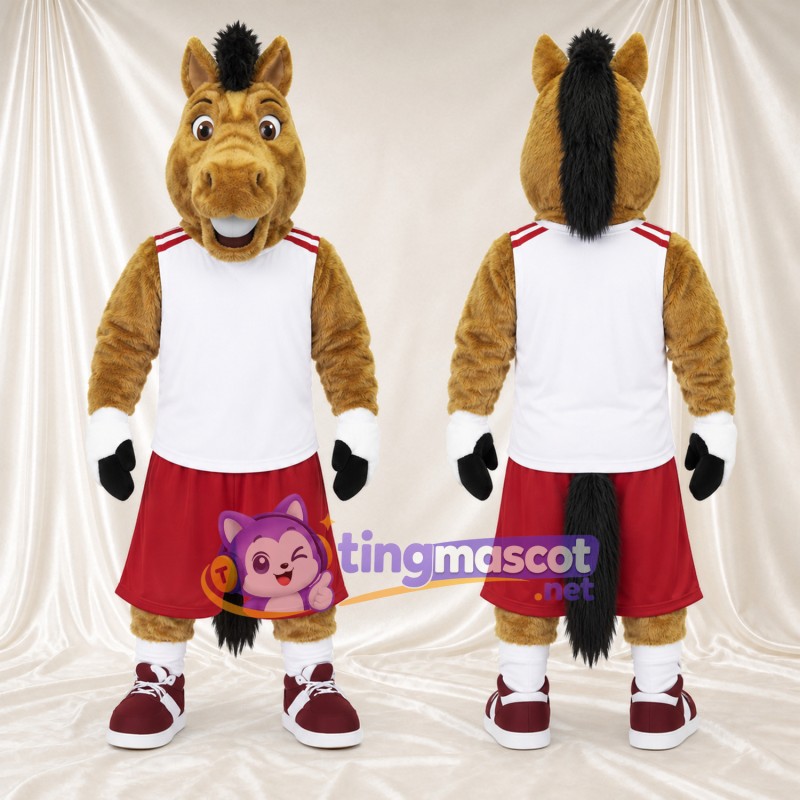 Brown Horse Mascot Costume - White Jersey and Red Shorts