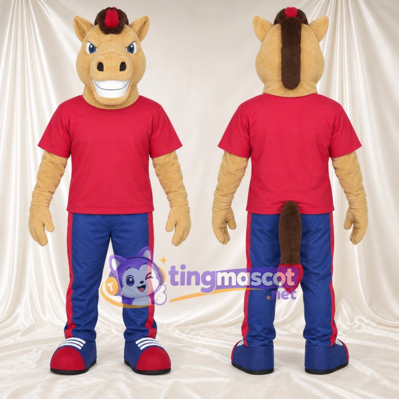 Costume de mascotte Cheval – brun clair – Chemise (rouge); Pantalon (bleu)