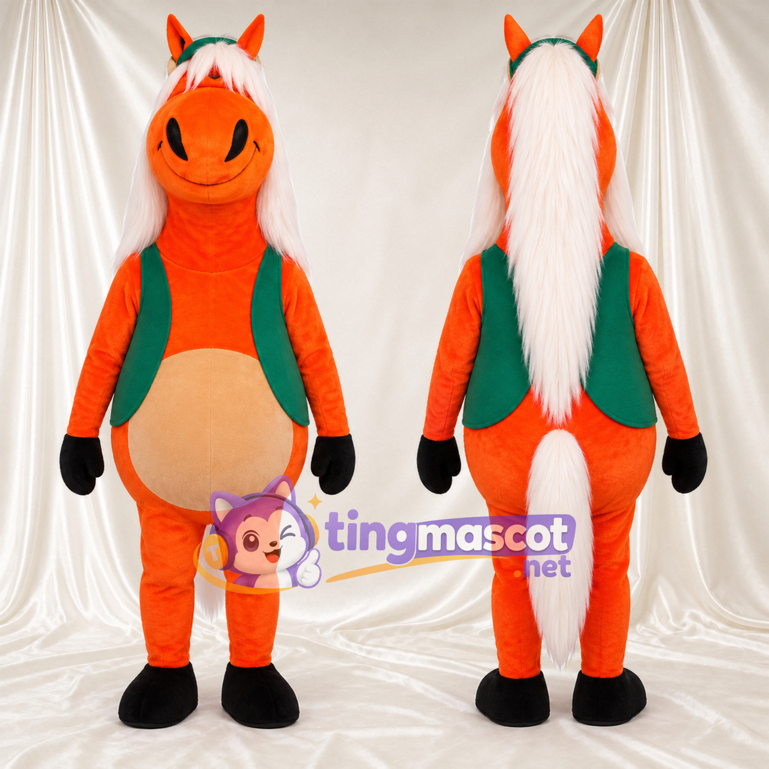 Costume de mascotte Cheval – orange – Gilet (vert); Crinière (blanc) Costume de mascotte Cheval – orange – Gilet (vert); Crinière (blanc)