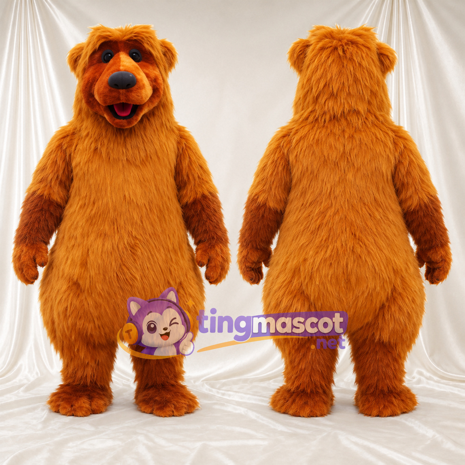 Maskottchenkostüm Bär – orange – Runder Bauch; Zottelfell Maskottchenkostüm Bär – orange – Runder Bauch; Zottelfell