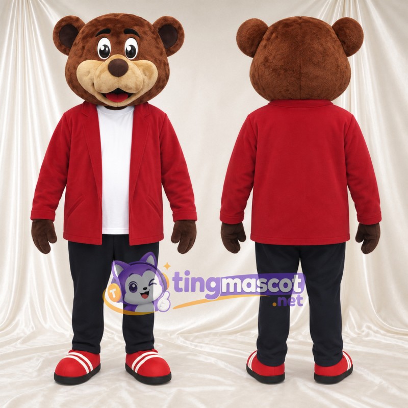 Maskottchenkostüm Bär – braun – Jacke (rot); Hose (schwarz)