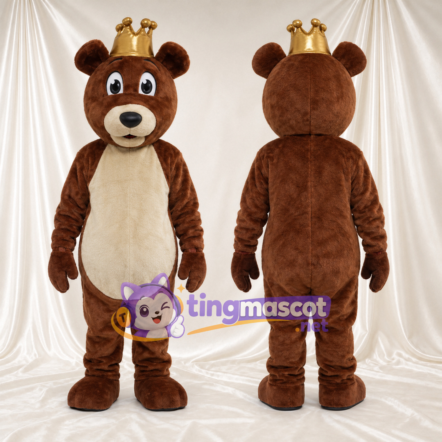 Maskottchenkostüm Bär – braun – Krone (goldfarben) Maskottchenkostüm Bär – braun – Krone (goldfarben)
