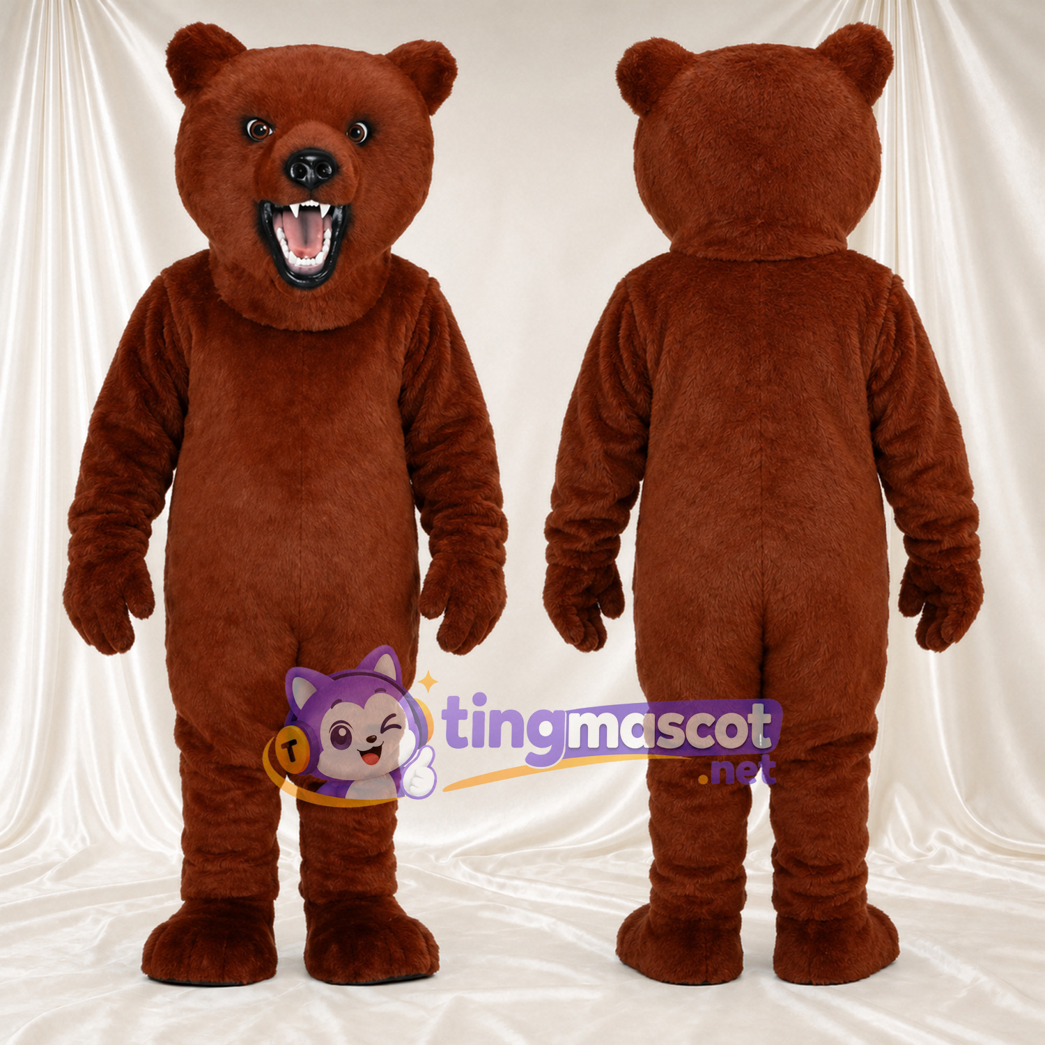 Maskottchenkostüm Bär – braun – Offener Mund; Spitze Fangzähne Maskottchenkostüm Bär – braun – Offener Mund; Spitze Fangzähne