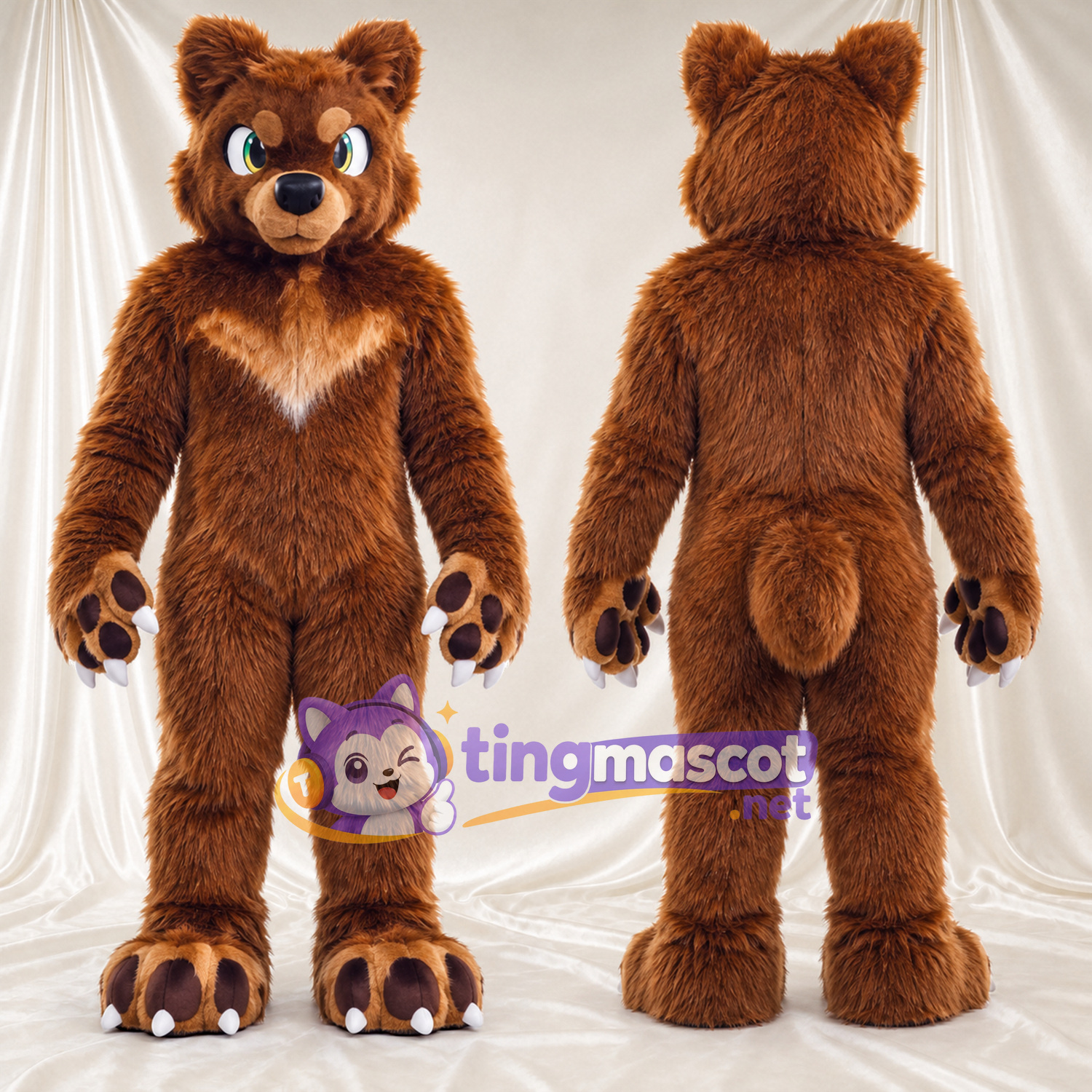 Maskottchenkostüm Bär – braun – Brust (creme); Pfotenballen (schwarz) Maskottchenkostüm Bär – braun – Brust (creme); Pfotenballen (schwarz)