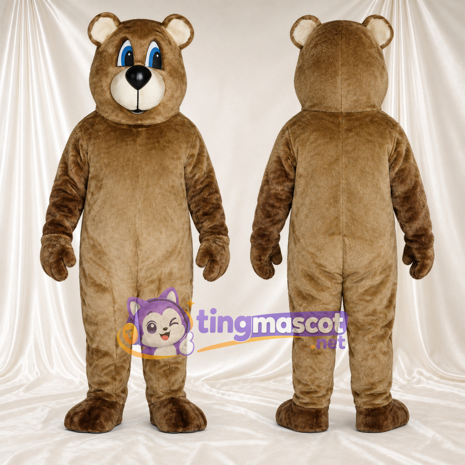 Maskottchenkostüm Bär – braun – Schnauze (creme); Augen (blau) Maskottchenkostüm Bär – braun – Schnauze (creme); Augen (blau)