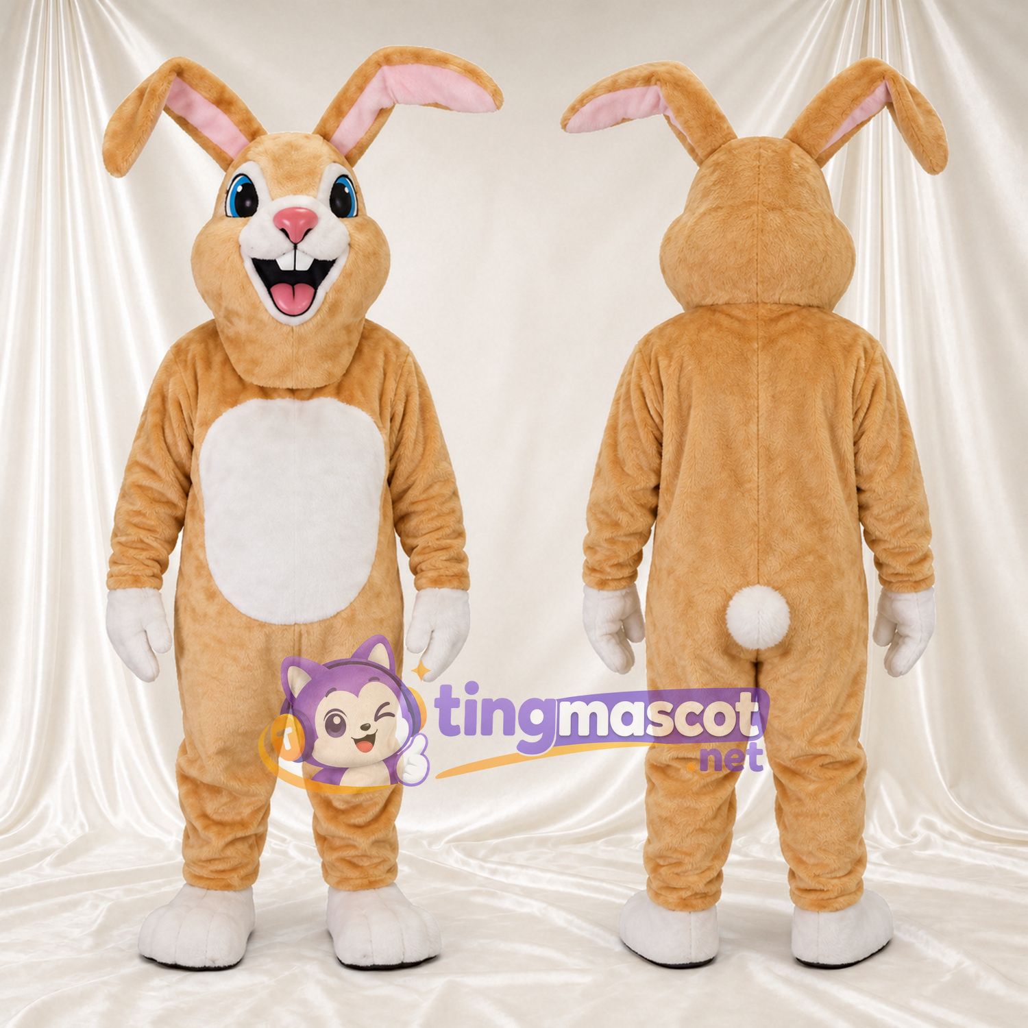 Costume de mascotte Lapin – brun clair – Ventre (blanc); Oreilles Costume de mascotte Lapin – brun clair – Ventre (blanc); Oreilles