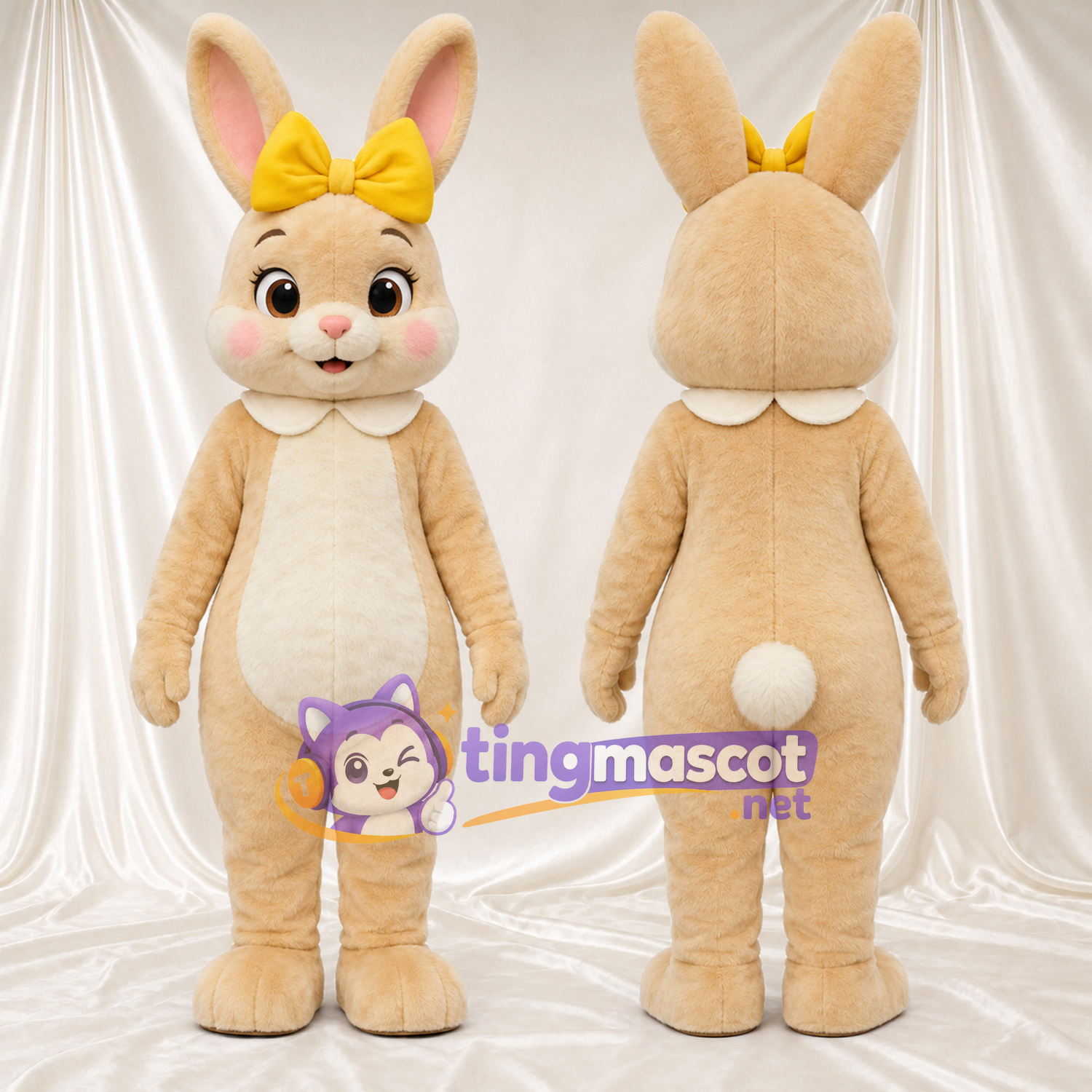 Costume de mascotte Lapin – brun clair – Nœud (jaune) Costume de mascotte Lapin – brun clair – Nœud (jaune)