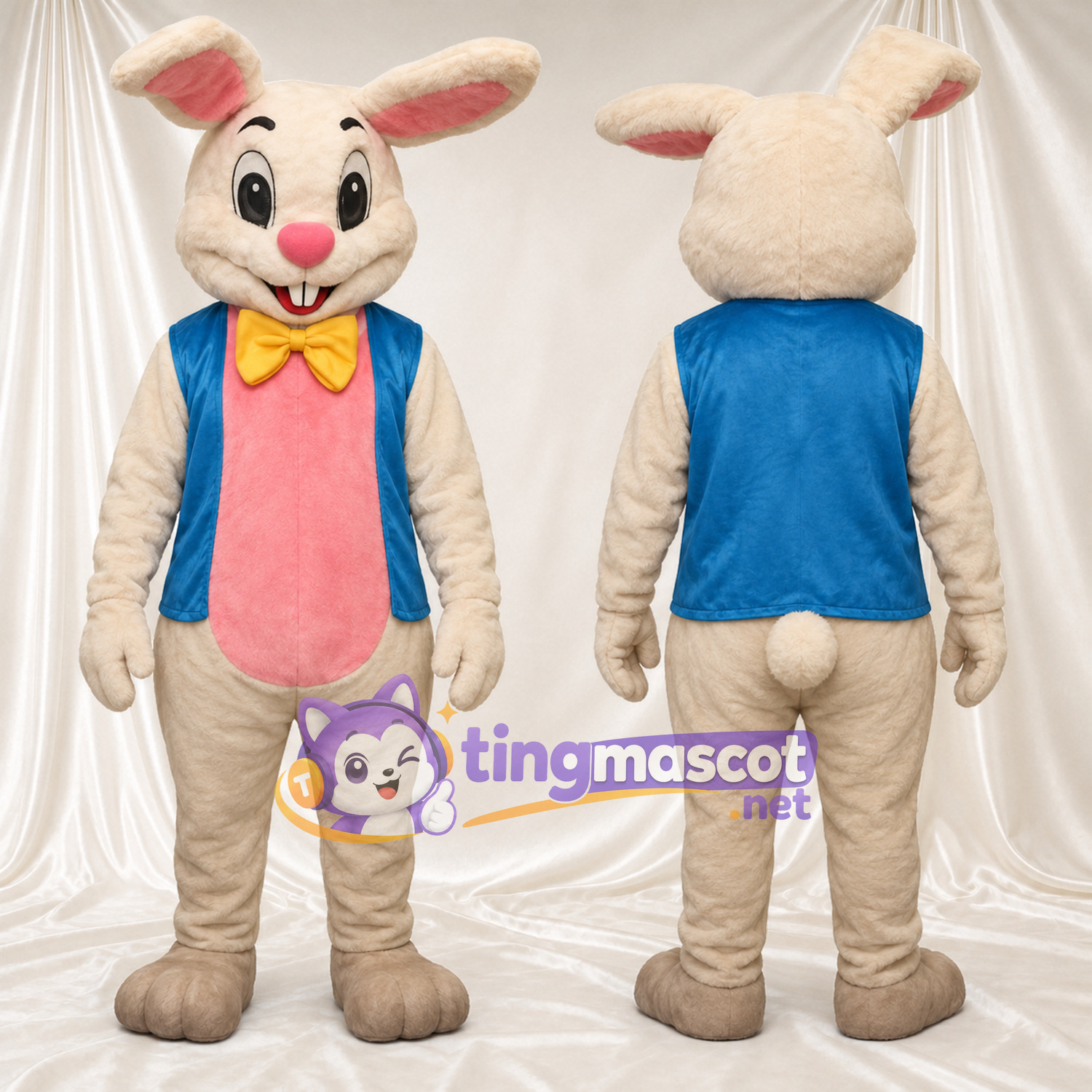 Costume de mascotte Lapin – brun clair – Gilet (bleu); Nœud papillon (jaune) Costume de mascotte Lapin – brun clair – Gilet (bleu); Nœud papillon (jaune)
