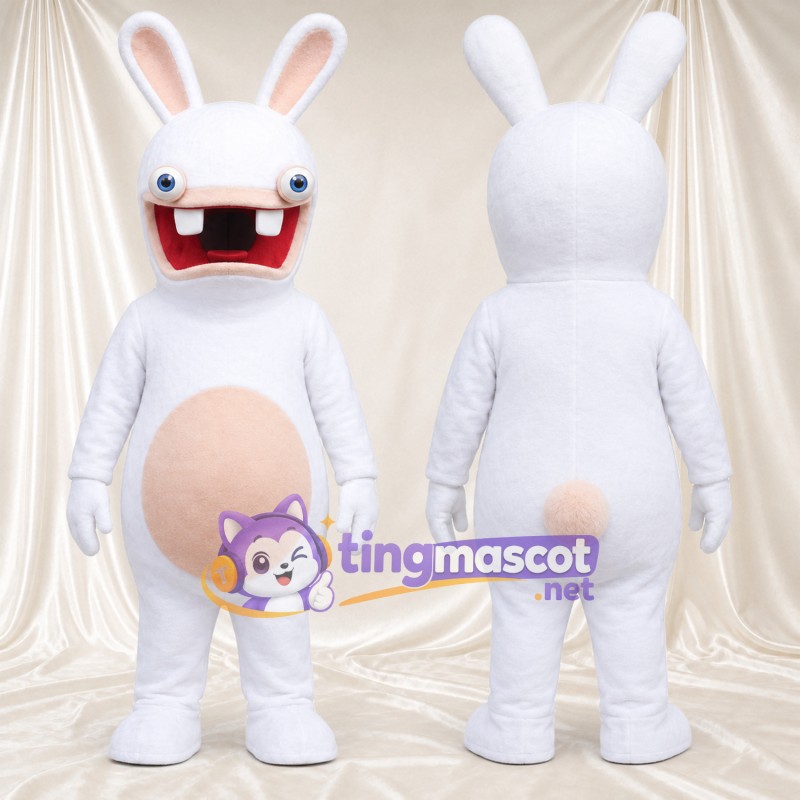 Costume de mascotte Lapin – blanc – Bouche ouverte; Grandes incisives