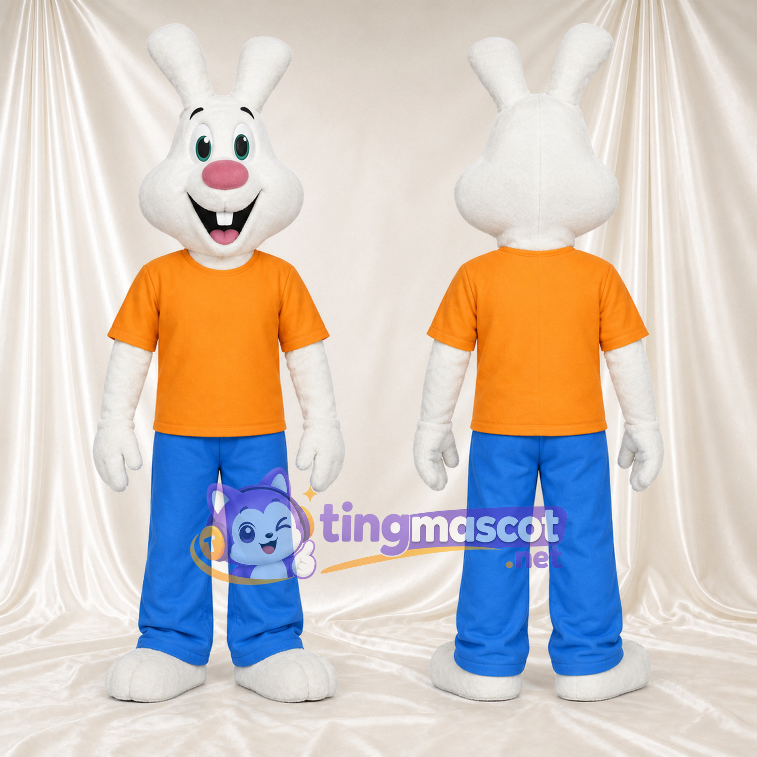 Costume de mascotte Lapin – blanc – Chemise (orange); Pantalon (bleu) Costume de mascotte Lapin – blanc – Chemise (orange); Pantalon (bleu)