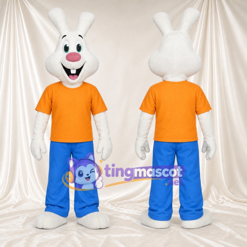 Costume de mascotte Lapin – blanc – Chemise (orange); Pantalon (bleu)