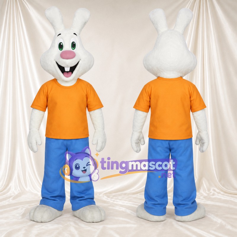 Costume de mascotte Lapin – blanc – Chemise (orange); Pantalon (bleu)