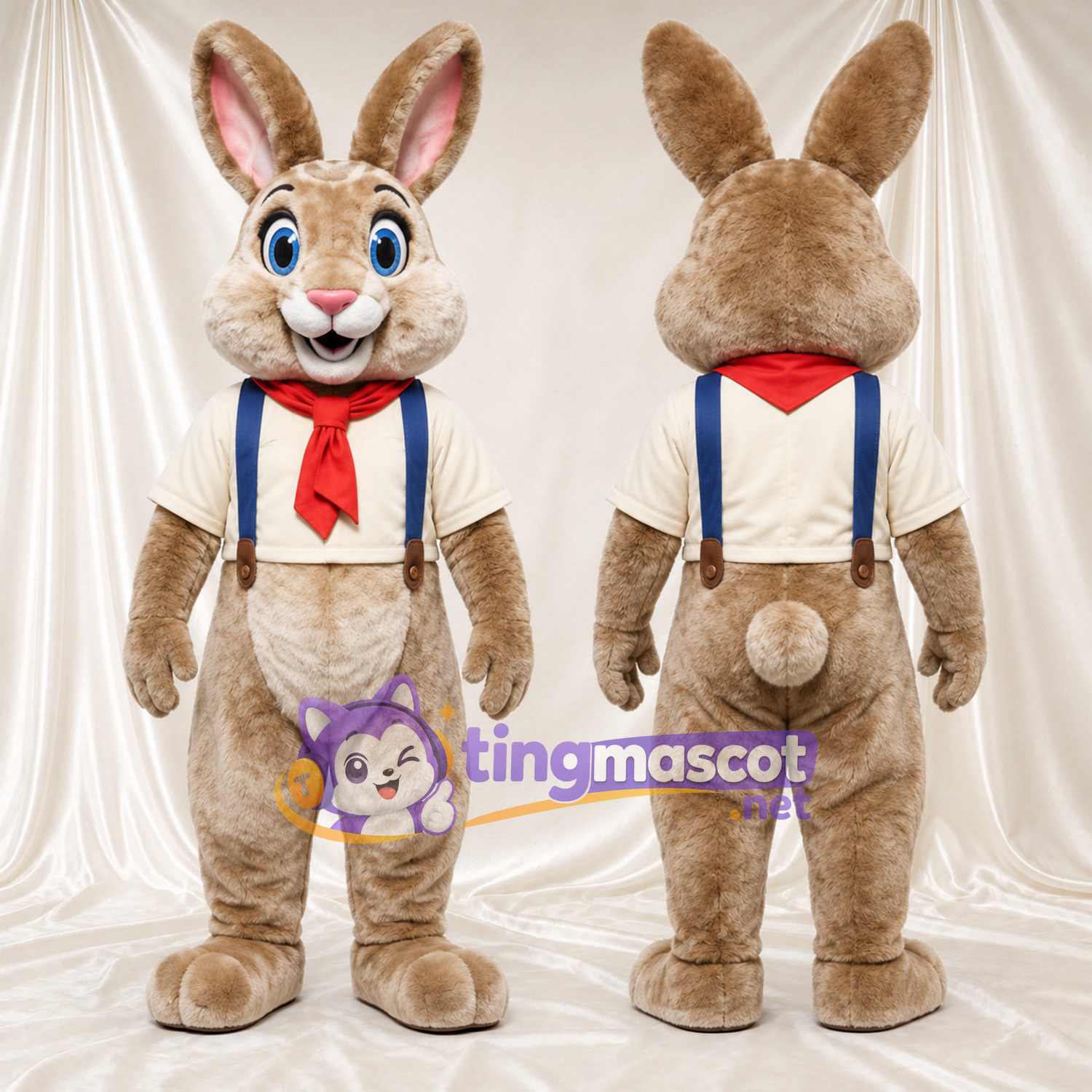 Costume de mascotte Lapin – brun clair – Bretelles; Écharpe (rouge) Costume de mascotte Lapin – brun clair – Bretelles; Écharpe (rouge)