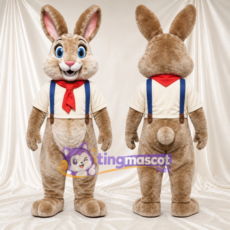 Costume de mascotte Lapin – brun clair – Bretelles; Écharpe (rouge)