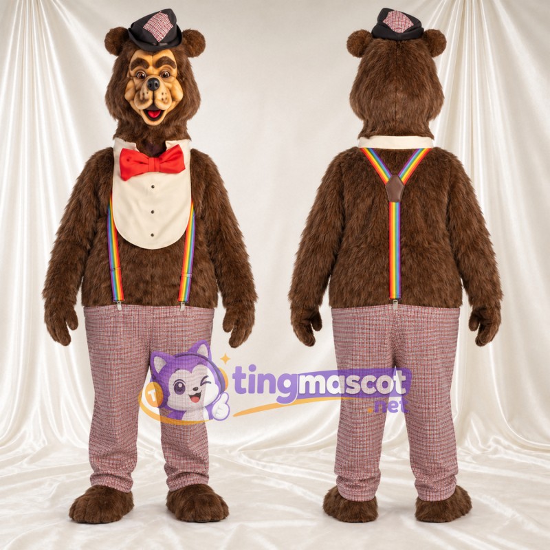 Maskottchenkostüm Bär – braun – Fliege (rot); Hose (rosa)