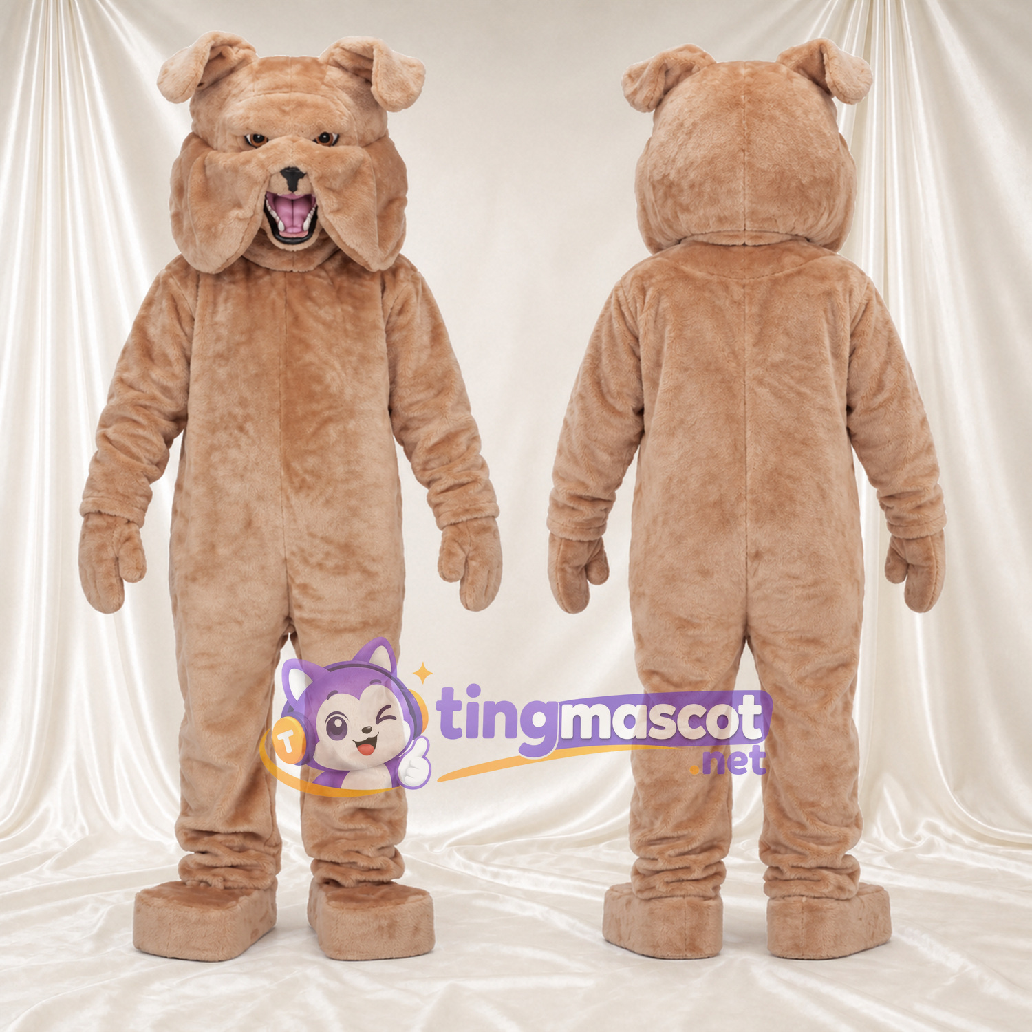 Costume de mascotte Bouledogue – brun clair – Visage; Langue (rose) Costume de mascotte Bouledogue – brun clair – Visage; Langue (rose)
