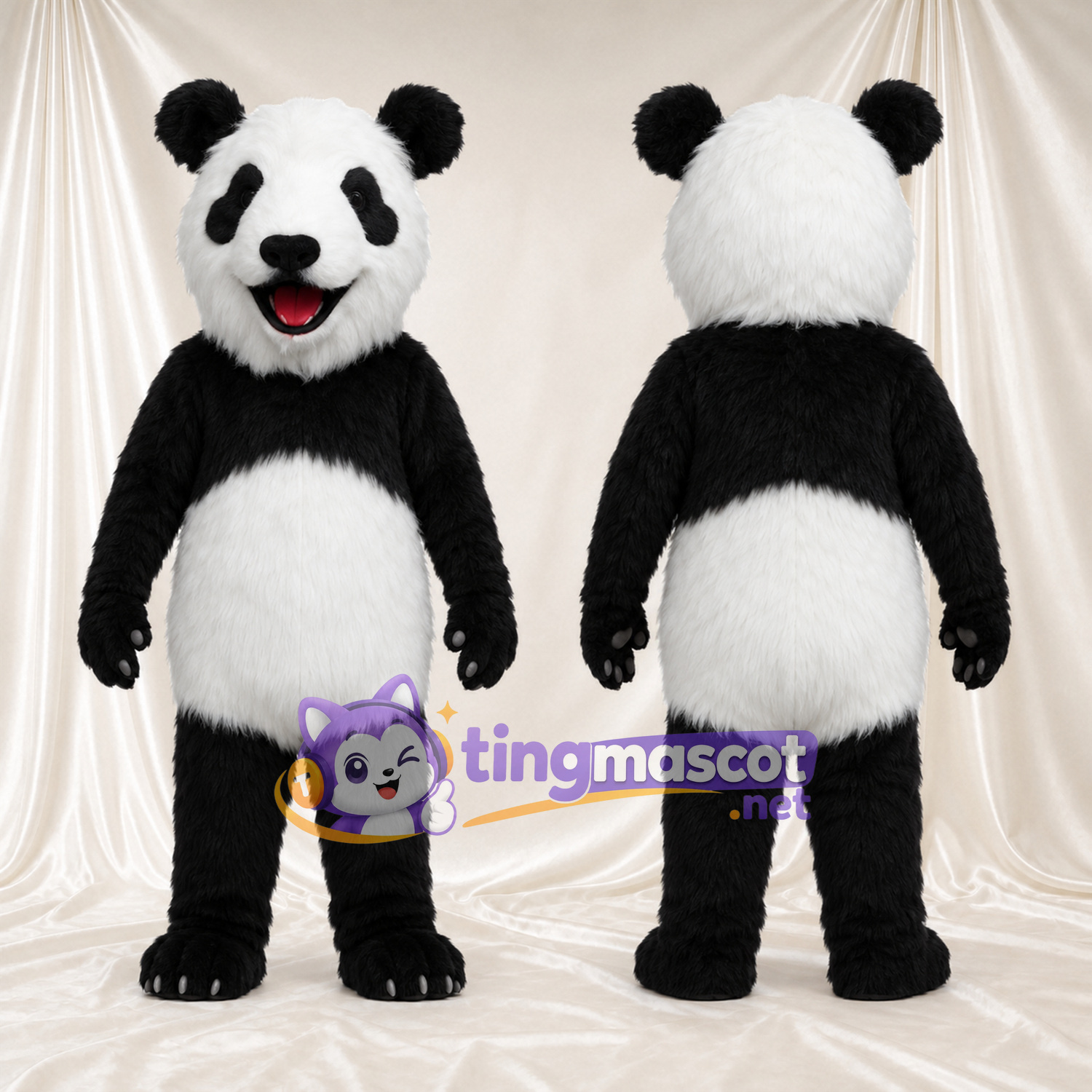 Black and White Panda Mascot Costume - Pink Tongue and Round Belly Black and White Panda Mascot Costume - Pink Tongue and Round Belly