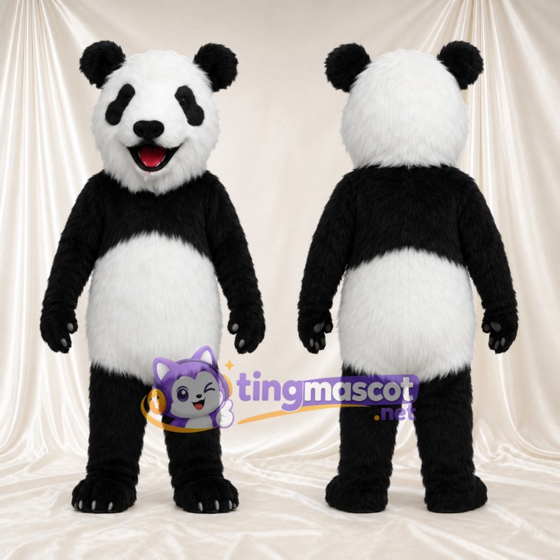Black and White Panda Mascot Costume - Pink Tongue and Round Belly
