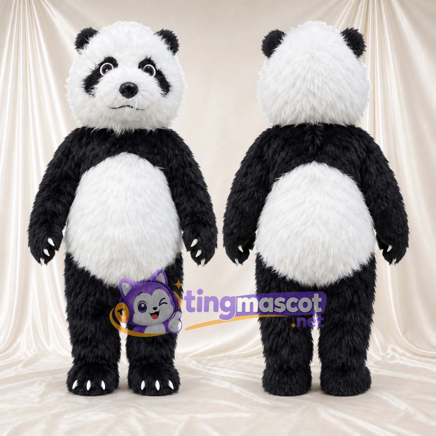 Black and White Panda Mascot Costume - Shaggy Fur and White Claws Black and White Panda Mascot Costume - Shaggy Fur and White Claws